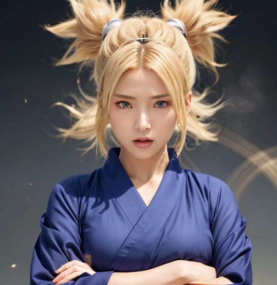 Temari Nara from the anime Naruto, Certainly! I'll create a prompt for an AI-generated image inspired by the character depicted in the picture.

---

In a fantastical desert setting, under a bright blue sky, a fierce warrior woman stands confidently. She has spiky blonde hair, styled in four tails that fan out from the back of her head, and striking green eyes. She's dressed in a traditional Japanese-style dark blue kimono with a high-collared white shirt underneath. Her expression is stern and determined, with her arms crossed, projecting an aura of strength and resilience. The desert wind picks up, swirling around her, giving the scene a dynamic and powerful atmosphere., (ultra detailed), (8k, intricate), (85mm), light particles, lighting, full body, (highly detailed:1.2), breast focus, (gradients), sfw, colorful, (detailed background), (rule of third_composition:1.3), (Line of action:1.2), daylight, solo, realistic, real woman