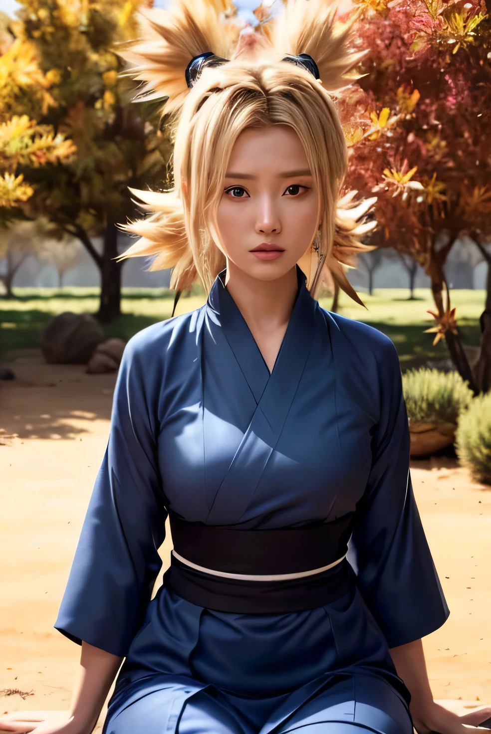 Temari Nara aus dem Anime Naruto, Sicherlich! Ich werde eine Eingabeaufforderung für ein KI-generiertes Bild erstellen, das von der im Bild dargestellten Figur inspiriert ist.

--- In einer fantastischen Wüstenlandschaft, unter einem strahlend blauen Himmel, eine wilde Kriegerin steht selbstbewusst. Sie hat stachelige blonde Haare, in vier Schwänzen gestylt, die sich fächerartig vom Hinterkopf ablösen, und auffallend grüne Augen. Sie trägt einen traditionellen dunkelblauen Kimono im japanischen Stil mit einem weißen Hemd mit hohem Kragen darunter.. Ihr Gesichtsausdruck ist streng und entschlossen, mit verschränkten Armen, eine Aura der Stärke und Belastbarkeit ausstrahlen. Der Wüstenwind nimmt zu, um sie herumwirbelnd, der Szene eine dynamische und kraftvolle Atmosphäre verleihen., (Extrem detailliert), (8k, kompliziert), (85mm), Lichtteilchen, Beleuchtung, Ganzkörper, (sehr detailliert:1.2), Brustfokus, (Farbverläufe), sfw, bunt, (detaillierter Hintergrund), (Drittelregel_Komposition:1.3), (Vorgehensweise:1.2), Tageslicht, Allein, realistisch, echte Frau