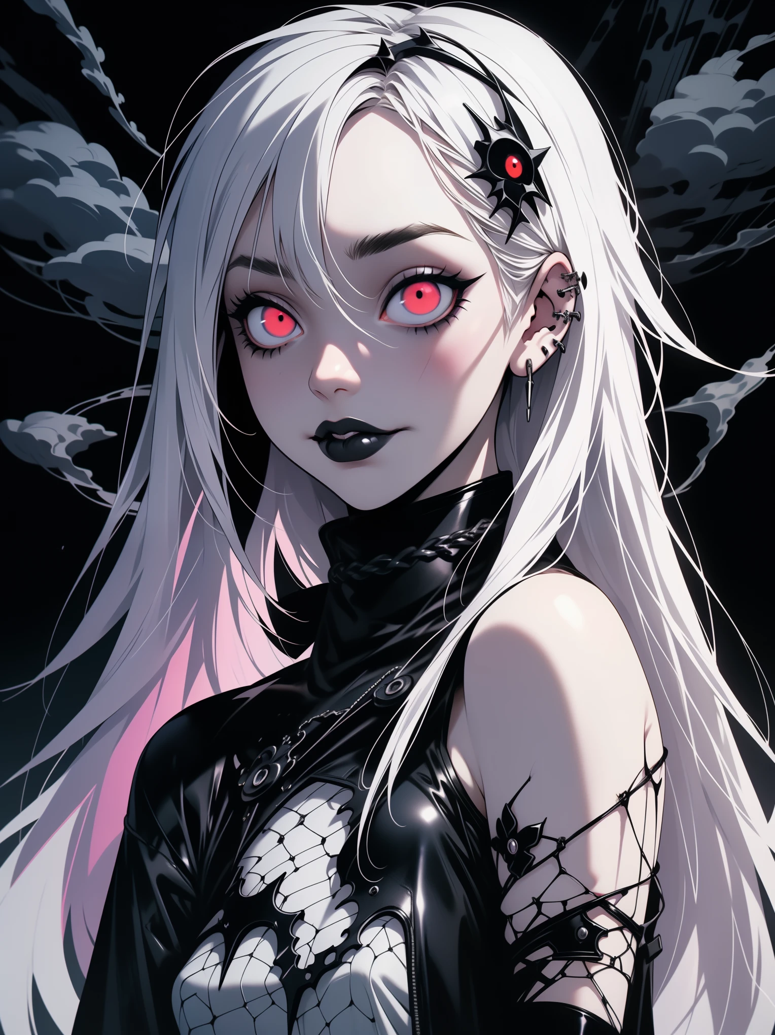 Beautiful young white-haired girl with piercing red eyes, half smile with full lips, black nails, barbed wires everywhere(coiled black barbed wires)