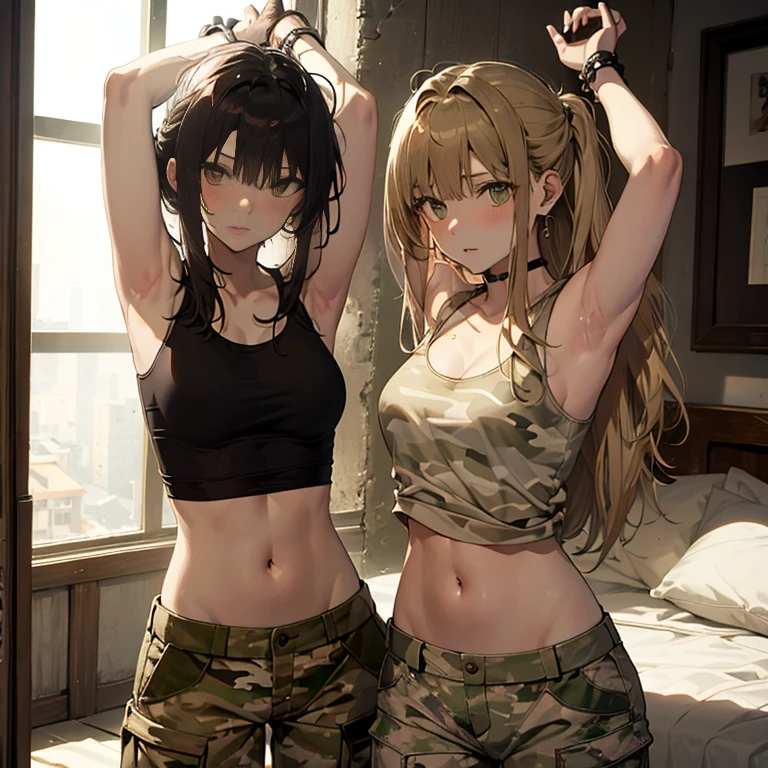 A group of  female soldiers, (in bedroom), various hair styles, tank top, harem, beautiful leg, midriff, camouflage military trousers, showings off armpits, seducing, bdsm, 