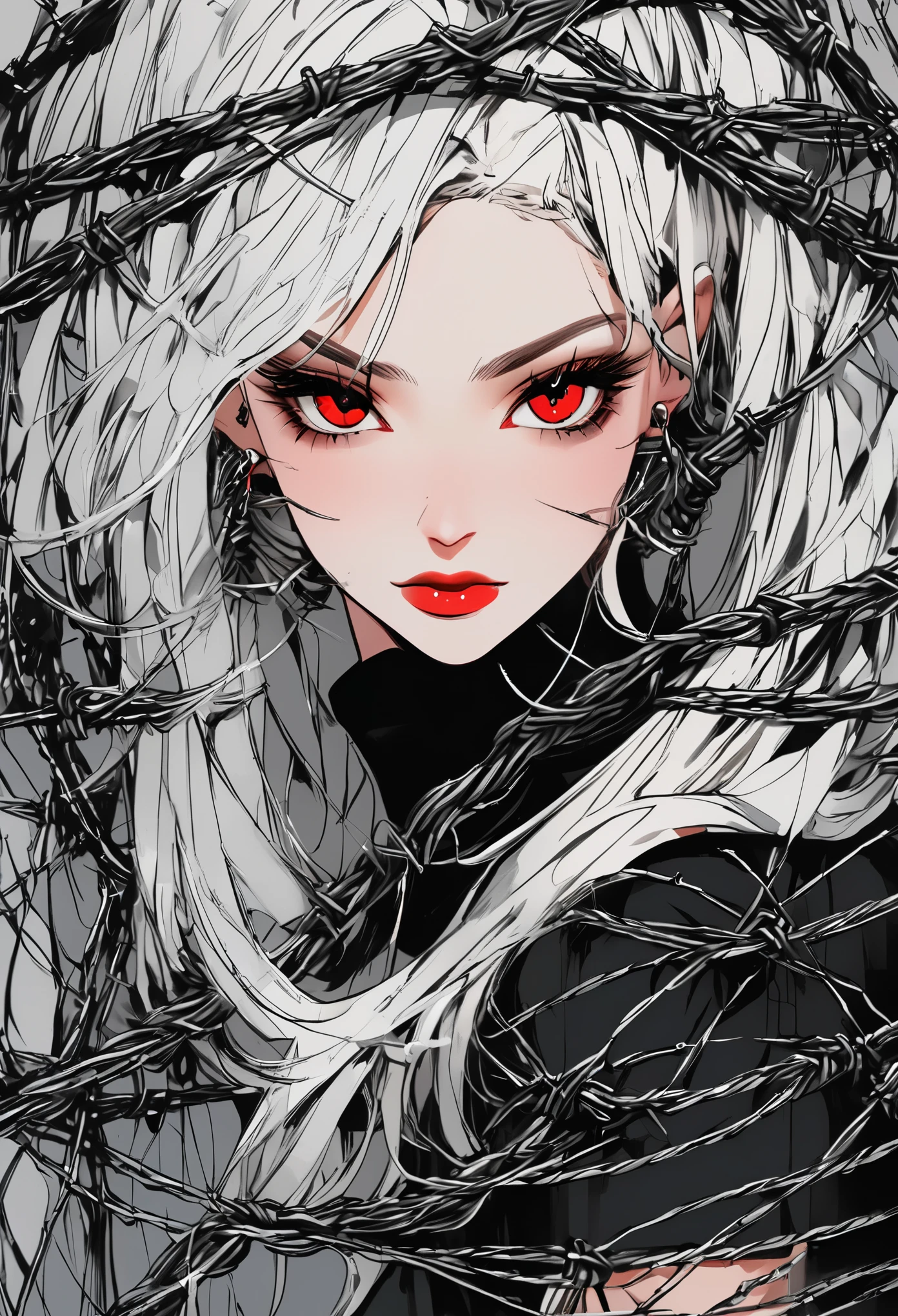 Beautiful young white-haired girl with piercing red eyes, half smile with full lips, black nails, barbed wires everywhere(coiled black barbed wires)