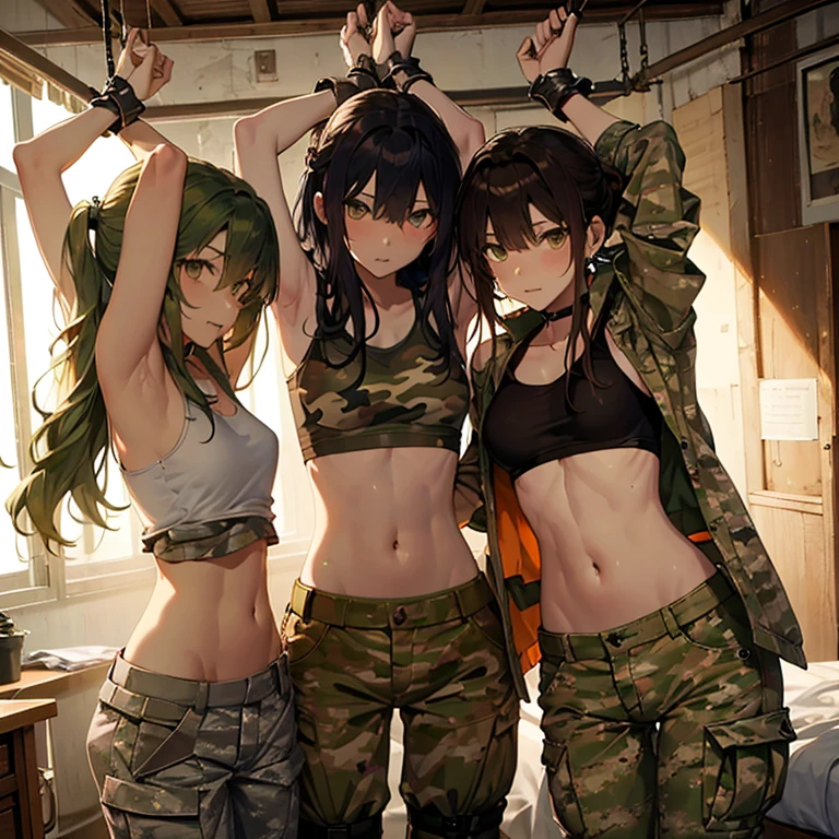 A group of  female soldiers, (in bedroom), various hair styles, tank top, harem, beautiful leg, midriff, camouflage military trousers, showings off armpits, seducing, bdsm, 