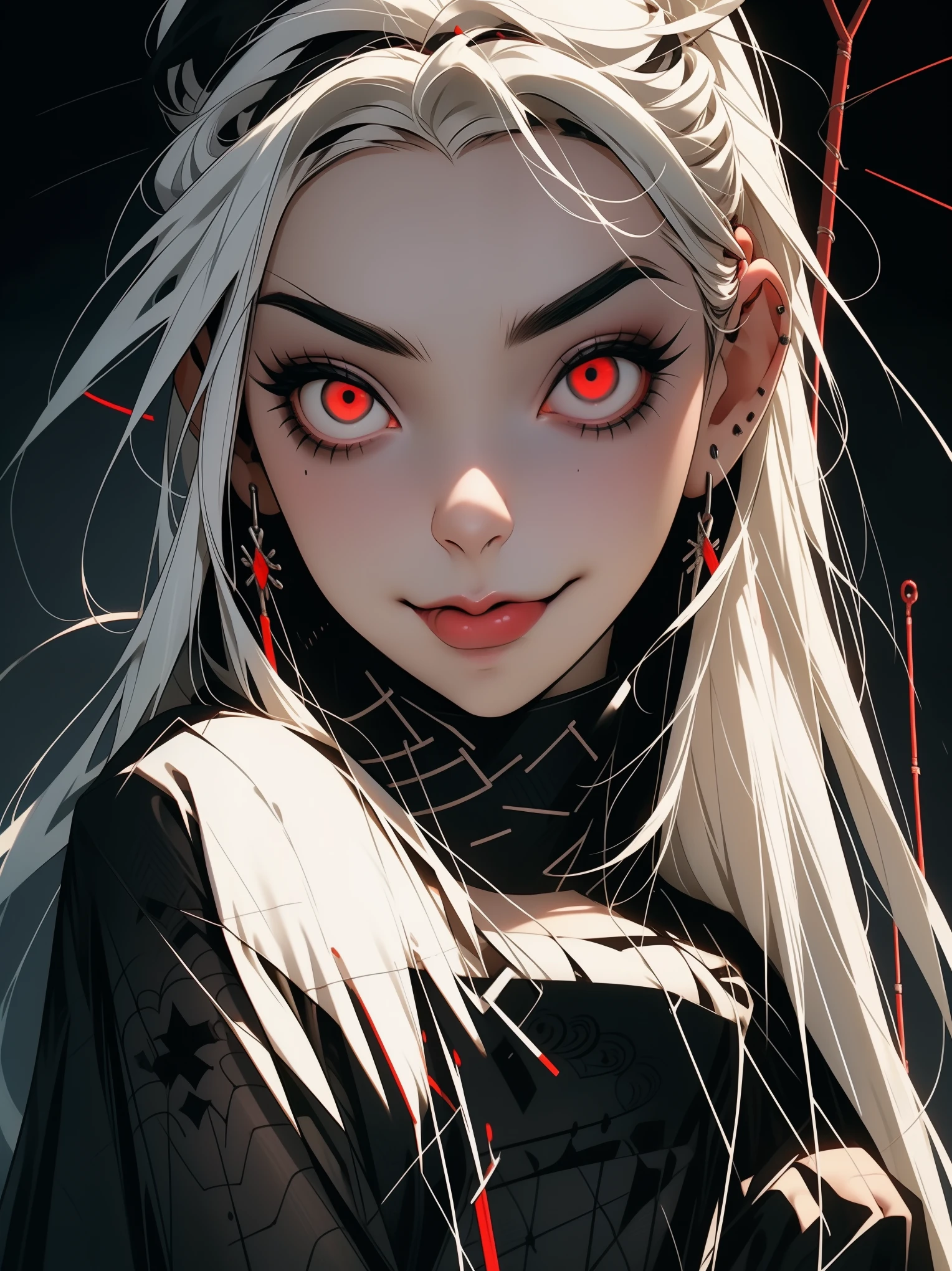 Beautiful young white-haired girl with piercing red eyes, half smile with full lips, black nails, barbed wires everywhere(coiled black barbed wires)