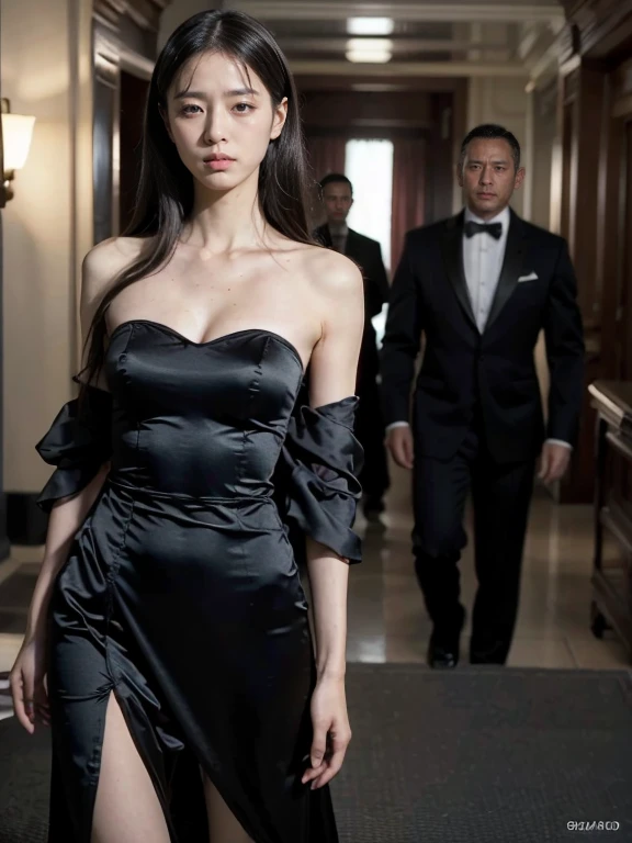 original photo，depth of field，(Real movie stills:1.3)，(best quality, high resolution:1.2), Super detailed details, (actual、lifelike、Realism:1.3), Inspired by the 007 movie，full body portrait，A beautiful and handsome couple standing together in black evening gowns, sophisticated evening gown，The atmosphere of the battle, Threatening atmosphere, close up, Perfect body，性感的long legs，long legs，Highly detailed facial details,  real background，Stills from the real 007 movie，(sharp focus:1.2), Very detailed, (lifelike:1.4), (The original image, 8K high resolution:1.2), RAW candid movies, 16 mm, Color graded Portra 400 film, Surreal, subsurface scattering, Ray tracing, (Volumetric lighting)，