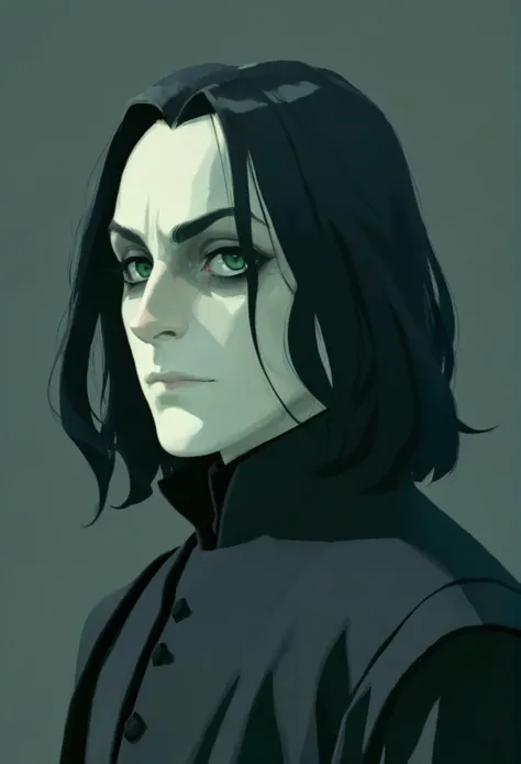 Portrait, black eyes, long black greasy hair, pale complexion, elegant features, roman nose, Young Severus Snape