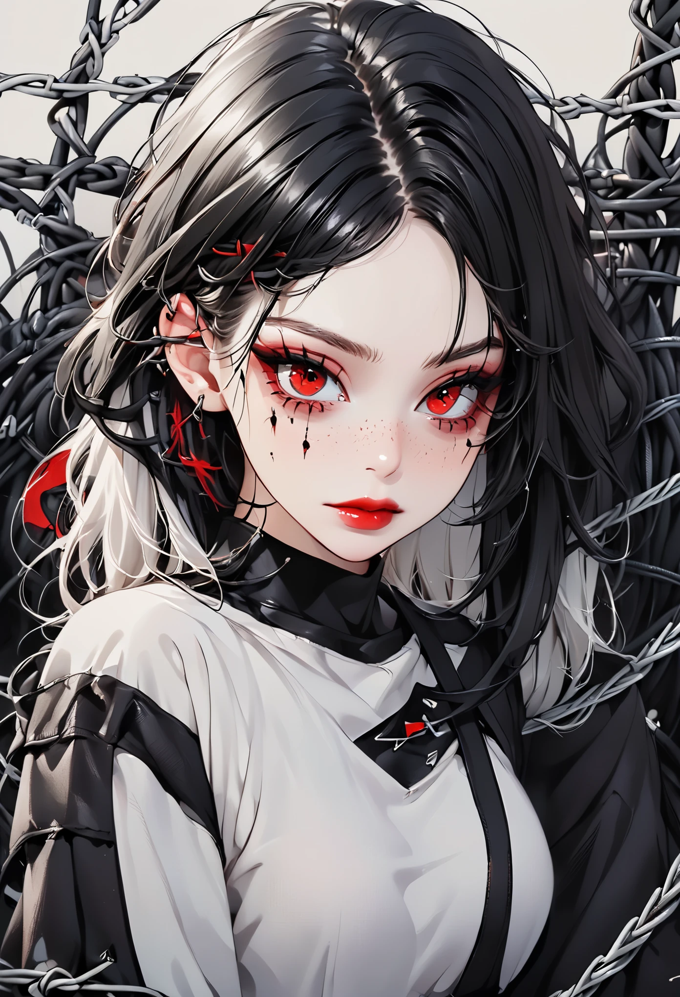 Beautiful young white-haired girl with piercing red eyes, half smile with full lips, black nails, barbed wires everywhere(coiled black barbed wires)