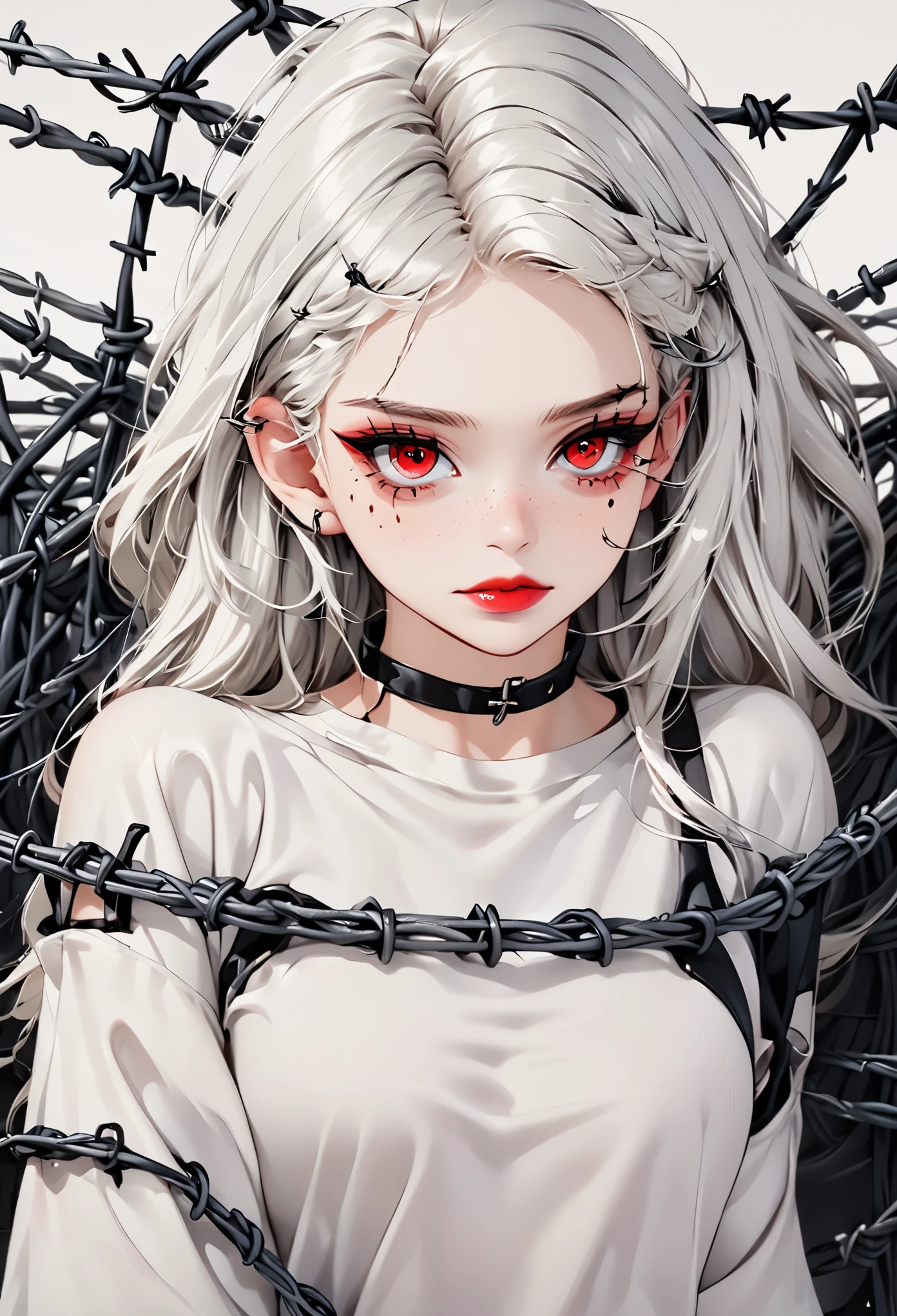 Beautiful young white-haired girl with piercing red eyes, half smile with full lips, black nails, barbed wires everywhere(coiled black barbed wires)