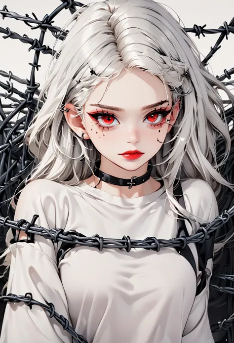 Beautiful young white-haired girl with piercing red eyes, half smile with full lips, black nails, barbed wires everywhere(coiled...