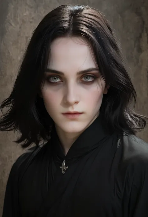 portrait, black eyes, long black greasy hair, pale complexion, elegant features, roman nose, young severus snape