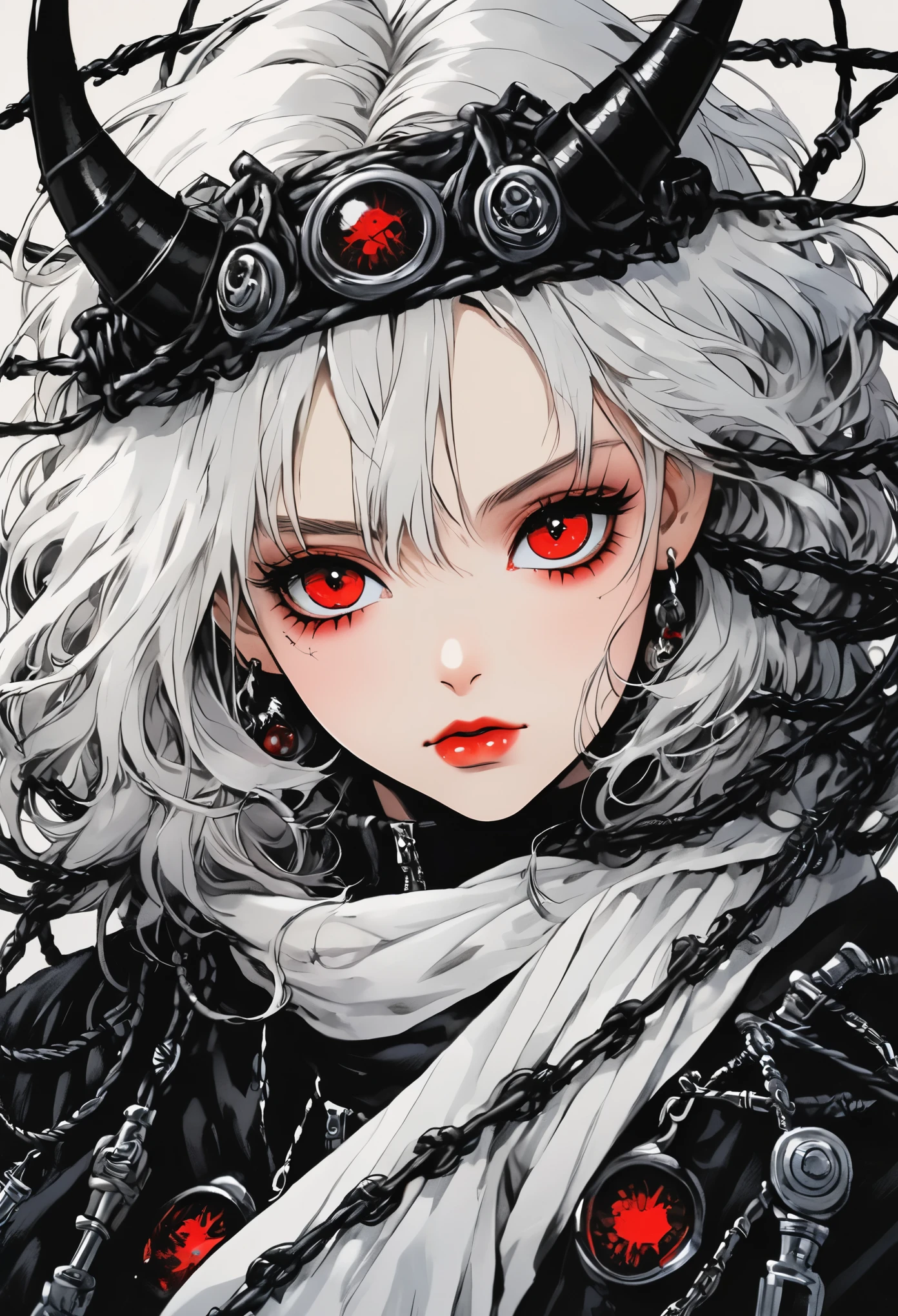 Beautiful young white-haired girl with piercing red eyes, half smile with full lips, black nails, barbed wires everywhere(coiled black barbed wires)