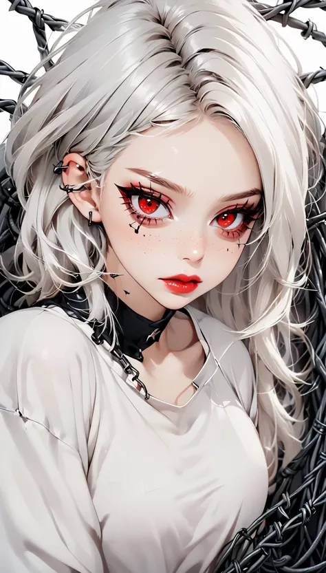 Beautiful young white-haired girl with piercing red eyes, half smile with full lips, black nails, barbed wires everywhere(coiled...