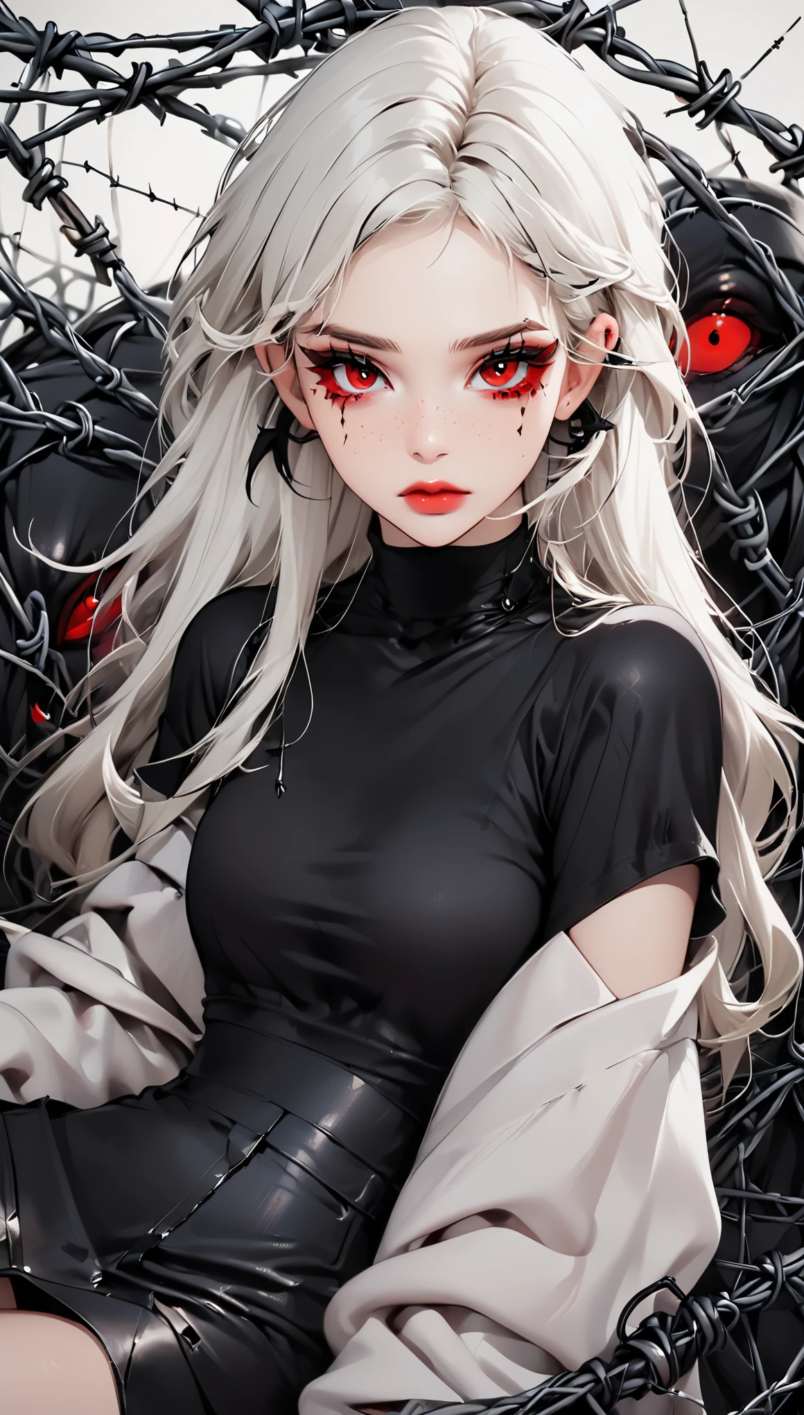 Beautiful young white-haired girl with piercing red eyes, half smile with full lips, black nails, barbed wires everywhere(coiled black barbed wires)