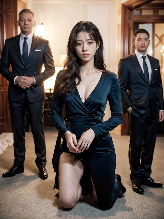 ban nsfw，original photo，depth of field，dramatic，(Real movie stills:1.3)，(best quality, high resolution:1.2), Super detailed details, (current、lifelike、Realism:1.3), Inspired by the 007 movie，full body portrait，A beautiful and handsome couple，Woman kneeling at the man&#39;s feet, sophisticated evening gown，The atmosphere of the battle, Threatening atmosphere, close up, Perfect body，Sexy long legs，long legs，Highly detailed facial details,  real background，Stills from the real 007 movie，Movie plot，man next to woman，(sharp focus:1.2), Very detailed, (lifelike:1.4), (The original image, 8K high resolution:1.2), RAW candid movies, 16mm, Color graded Portra 400 film, surreal, subsurface scattering, Ray tracing, (Volumetric lighting)，Two men in suits behind