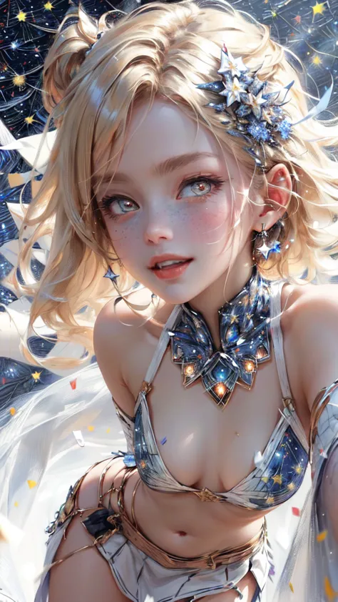 wlop, aeolian,Smile, Mini skirt, Blonde hair,(Starry Night Sky, Confetti background:1.5)), ethereal glowing, arching back, navel...