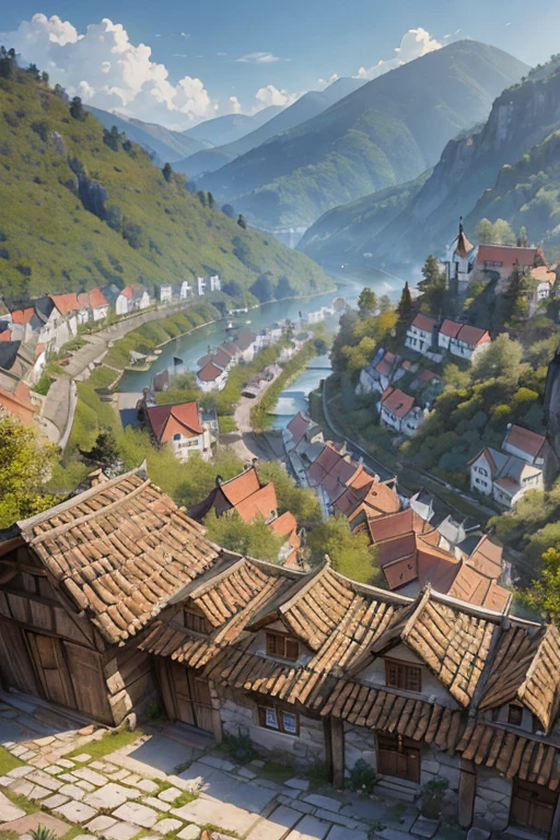 big Slavic village up on the mountain, thatched roofs, early medieval, village on a rocky cliff, tightly packed houses, narrow passages, tight spaces, clustered settlement
