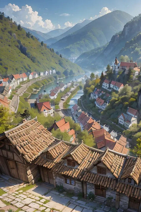 big Slavic village up on the mountain, thatched roofs, early medieval, village on a rocky cliff, tightly packed houses, narrow p...