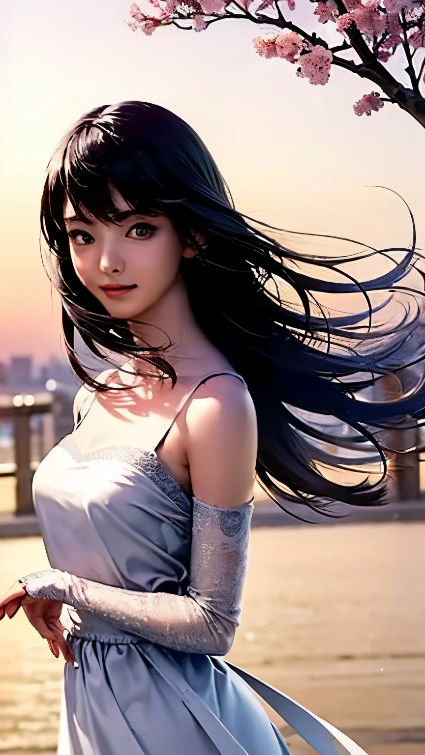 (logo、masterpiece、8K、table top、Raw photo、wonderful、最high quality、Photorealistic and very detailed CG integrated 8k wallpaper、high quality、very detailed、narrative poem、particle effects、dynamic effects、Depth of the bounds written、cinematic light、Lens flare、ray tracing)、fantasy、 (1 beautiful woman、dress、dress、cherry blossom pattern、black haired、beautiful face、real face、beautiful details eyes beautiful skin)、my hair dances in Wind、Hair flutters in Wind、hair bounces、pink cherry tree、petals dance、SakuraFubuki、Spectacular view、sunrise、sun on background、Wind、