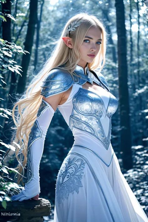 Meisterwerk, a beautiful elf, Adriana Malkova,  (delicate filigrane white armor), (medium breasts), (perfect body), (blondes, la...