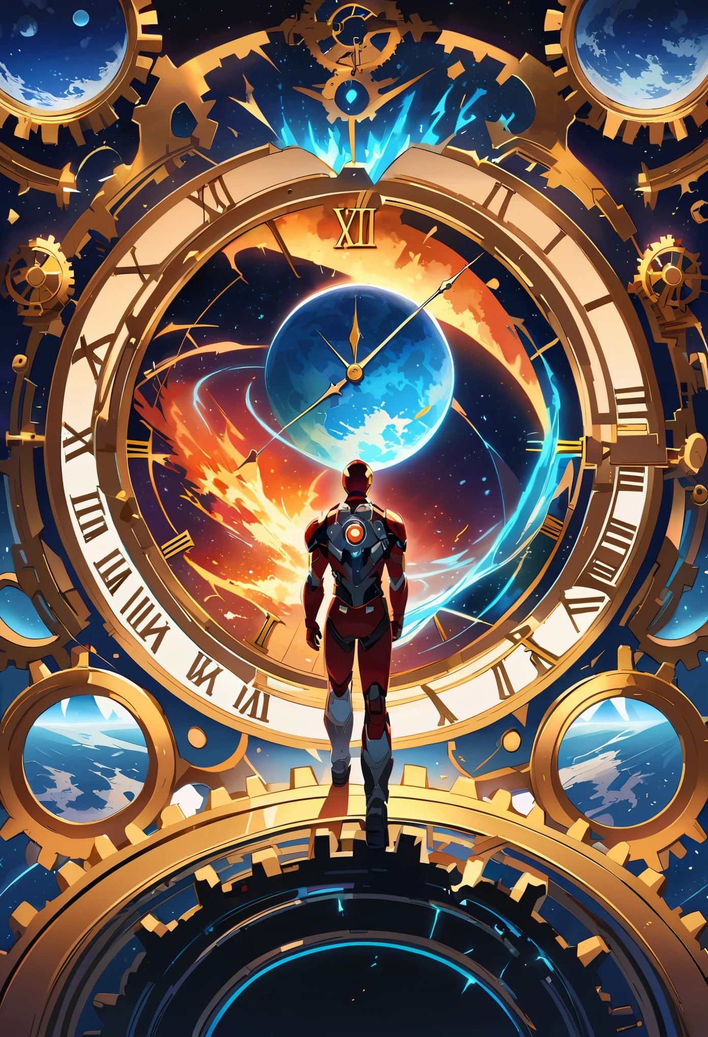 In the foreground, Iron Man is walking on mechanical tracks surrounded by gears and cogs that radiate from an explosion of time travel in space with earth visible behind him. In background there's cosmic smoke around large clock with Roman numeral and planets visible. It creates an atmosphere of futuristic surrealism.