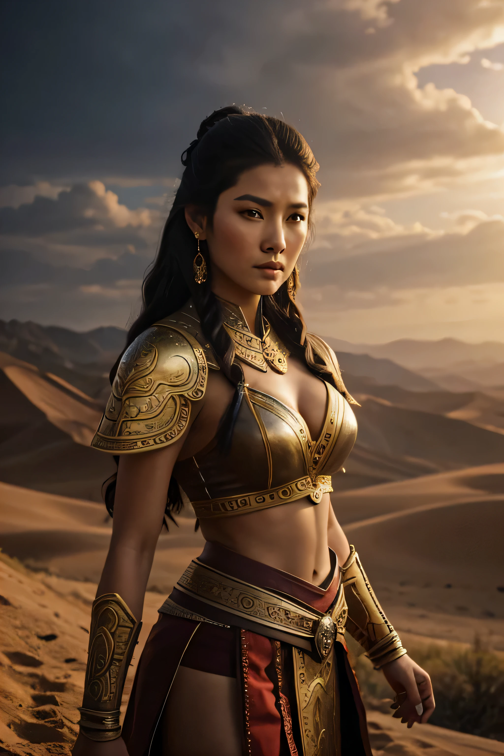 Khutulun, the badass Mongolian princess, standing tall and muscular. Hyper-realistic, Hyper-detailled, photo realistic, artgerm, WLOP, tom bagshaw, magali, villenueve, Hasselblad