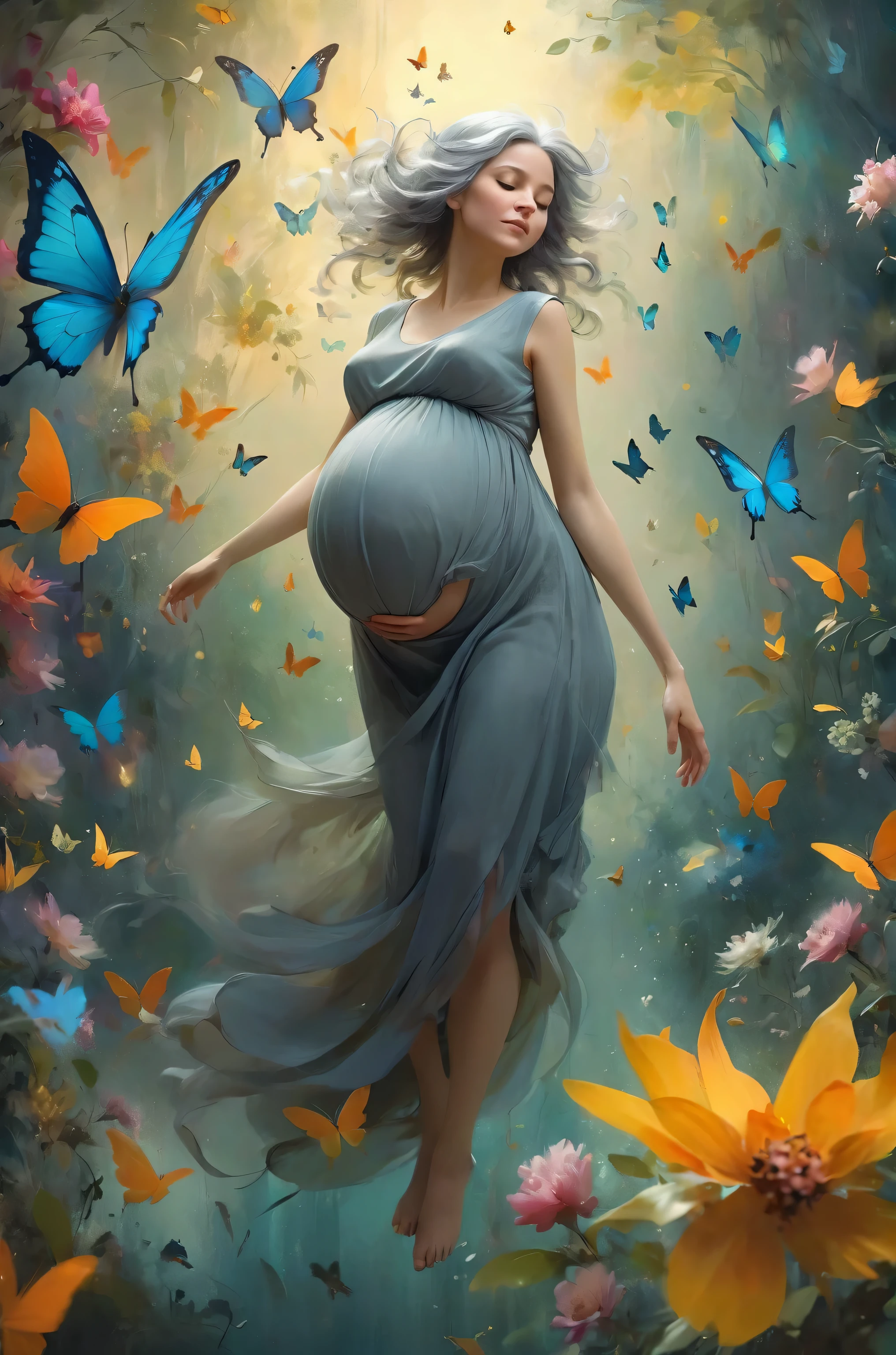 pregnant  woman 25yo, Gray-haired head, speak, Enthusiasm, chaos, elegant, vivid colors, art by Anne Bachelier, atmospheric, a girl, elegant, butterflies, flowers blooming, in motion, dramatic, full body, organic composition, (masterpiece), (realistic), 8k, RAW photo, very wide shot, octane render, unreal engine, volumetrics dtx, (film grain, bokeh, blurry foreground)