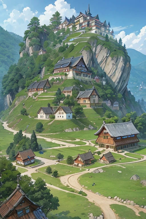 big slavic ((ghibli)) fantasy town up on the mountain, thatched roofs, early medieval, village on a rocky cliff, tightly packed houses, narrow passages, tight spaces, clustered settlement, ((Ghibli style))
