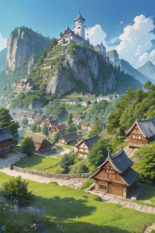 grande cidade eslava ((ghibli)) fantástica no alto da montanha, telhados de palha, início medieval, aldeia em um penhasco rochoso, casas bem lotadas, passagens estreitas, Espaços apertados, liquidação agrupada, ((Estilo Ghibli))
