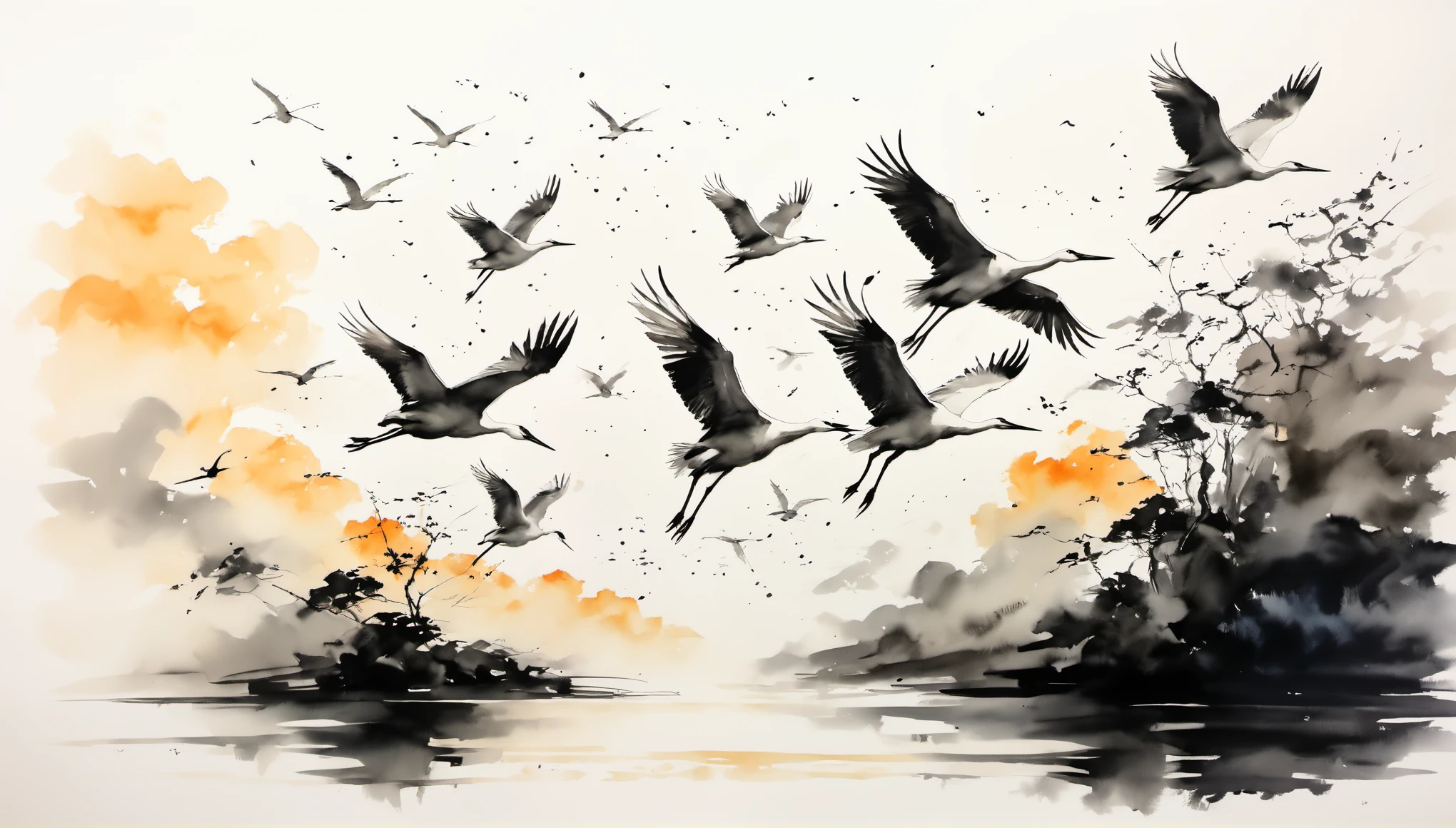 (Best quality, A high resolution, Ultra detailed:1.2), realistic, Ink for drawing, bright colors, moody lighting, white cranes flying into the sky, white clouds in a serene sky, capture a moment of calm and contemplation.