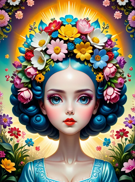 A surreal and creative painting of a woman with flowers in her hair, an ultrafine detailed painting by Mark Ryden, trending on deviantart, pop surrealism, whimsical, lowbrow, perfect symmetrical face, sharp focus, octane, masterpiece, unreal engine 5 highly rendered, global illumination, radiant light, detailed and intricate environment. art by Krenz 