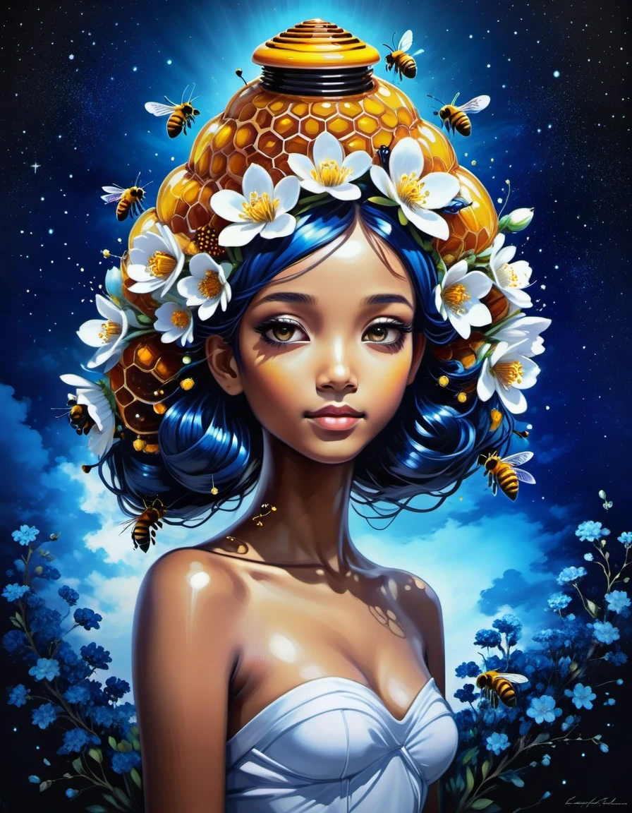 beautiful picture of a girl with vibrant flowers on her head, dark sky-blue and dark navy, dark sky-blue and dark white, realistic, photo effects, luminous shadowing, anime-inspired, elegant outlines, magic bees and beehives made of dvr-honey