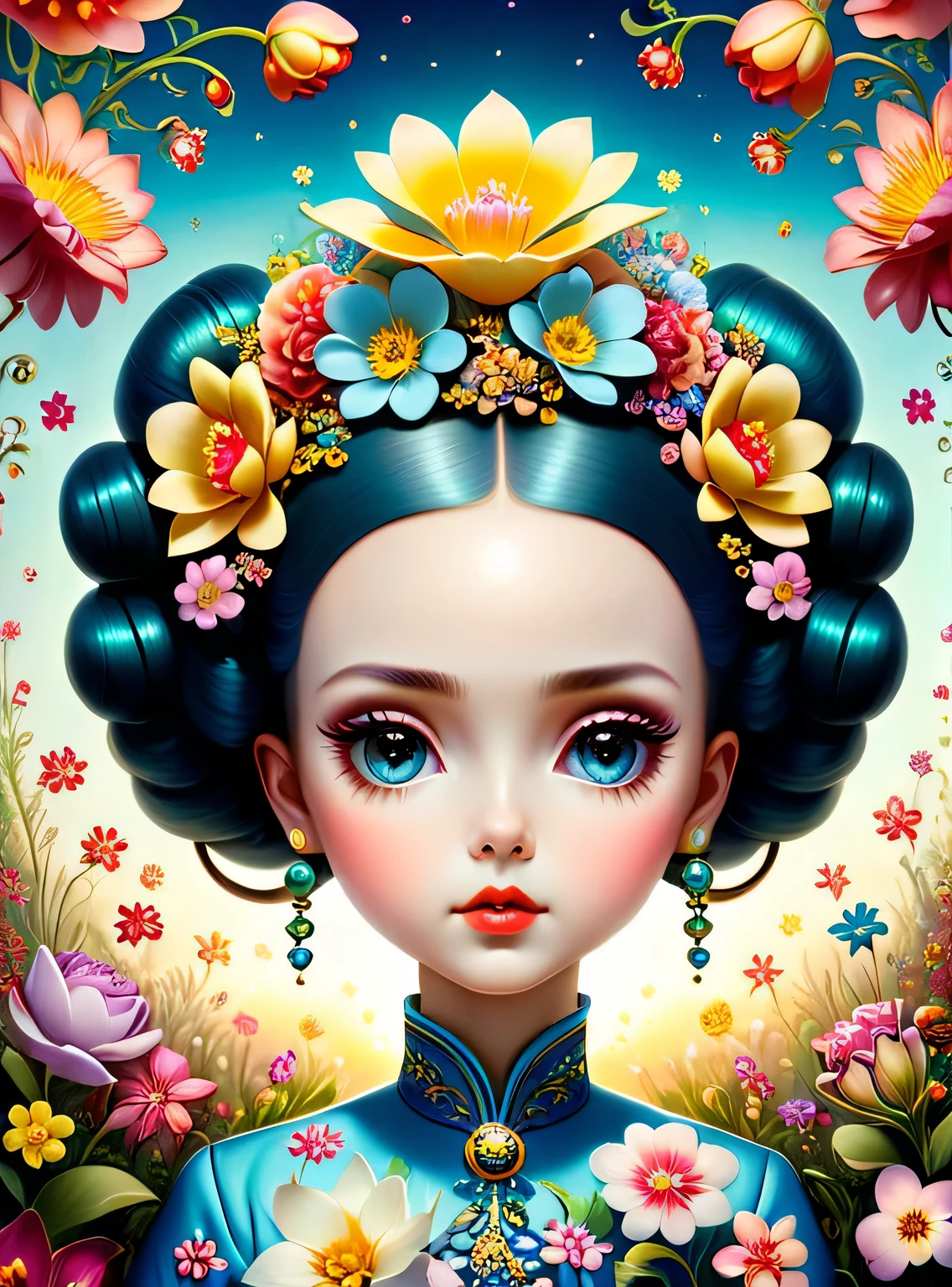 A surreal and creative painting of a woman with flowers in her hair, an ultrafine detailed painting by Mark Ryden, trending on deviantart, pop surrealism, whimsical, lowbrow, perfect symmetrical face, sharp focus, octane, masterpiece, unreal engine 5 highly rendered, global illumination, radiant light, detailed and intricate environment. art by Krenz 