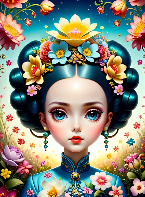 A surreal and creative painting of a woman with flowers in her hair, an ultrafine detailed painting by Mark Ryden, trending on d...