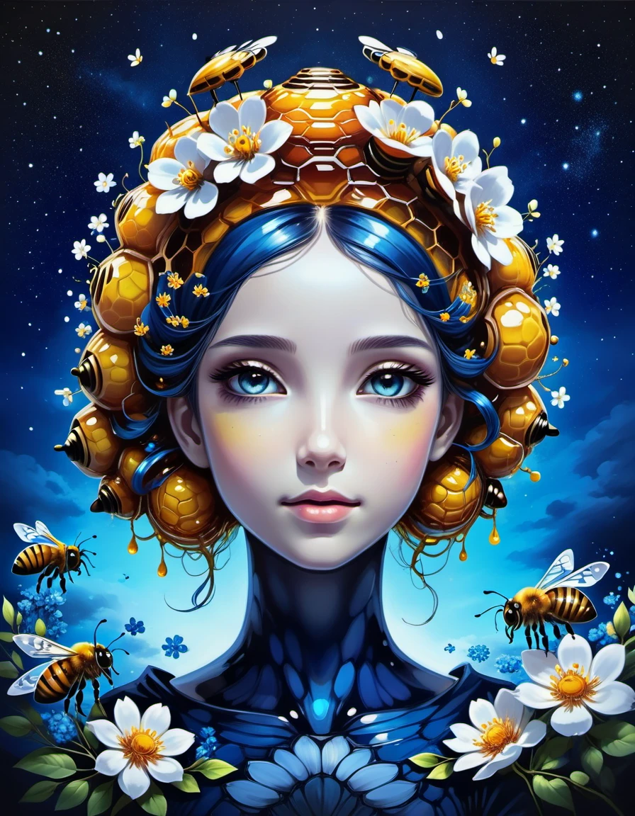 beautiful picture of a girl with vibrant flowers on her head, dark sky-blue and dark navy, dark sky-blue and dark white, realistic, photo effects, luminous shadowing, anime-inspired, elegant outlines, magic bees and beehives made of dvr-honey