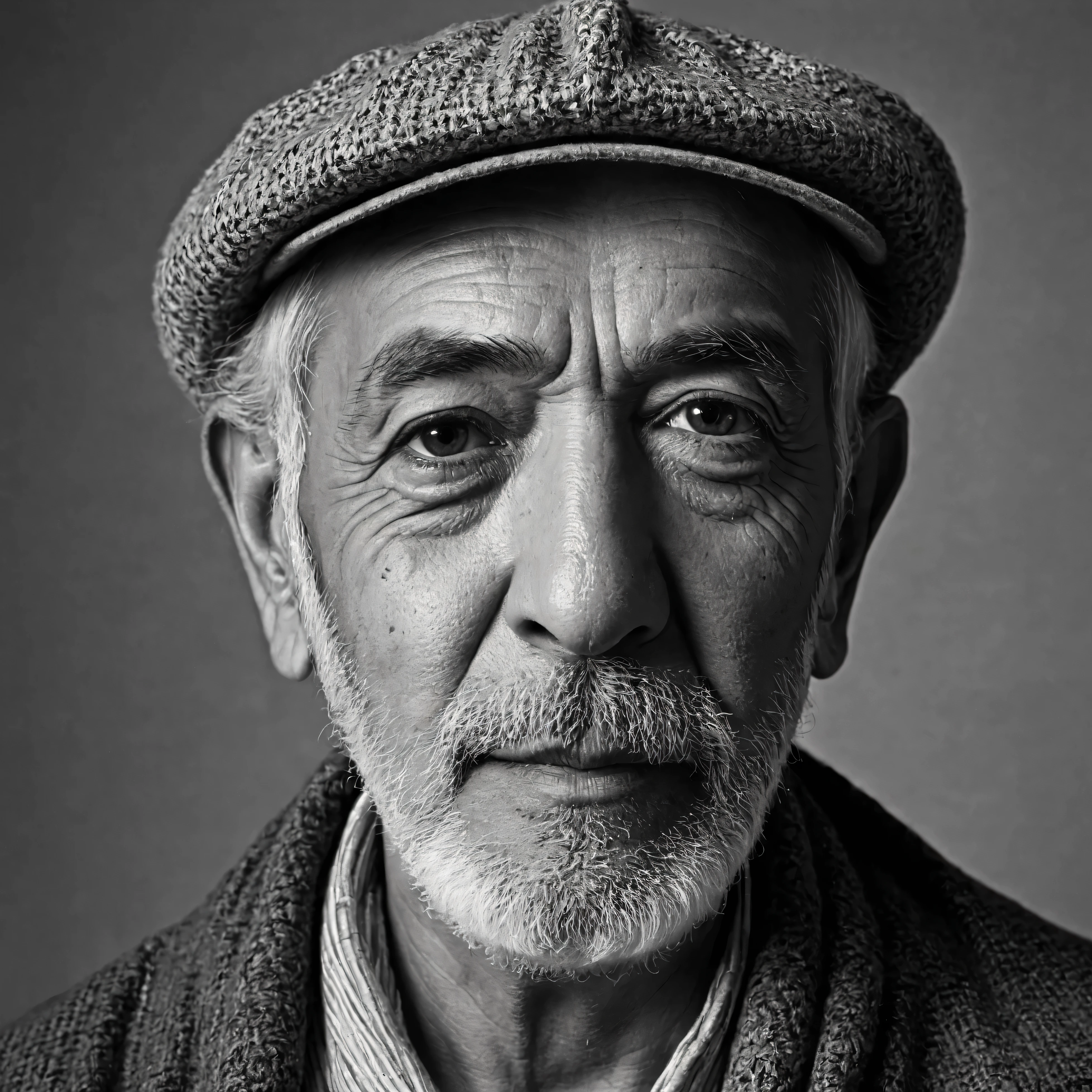 Black and white Portrait,man,face,hat,look to camera,persian old man, studio lighting 