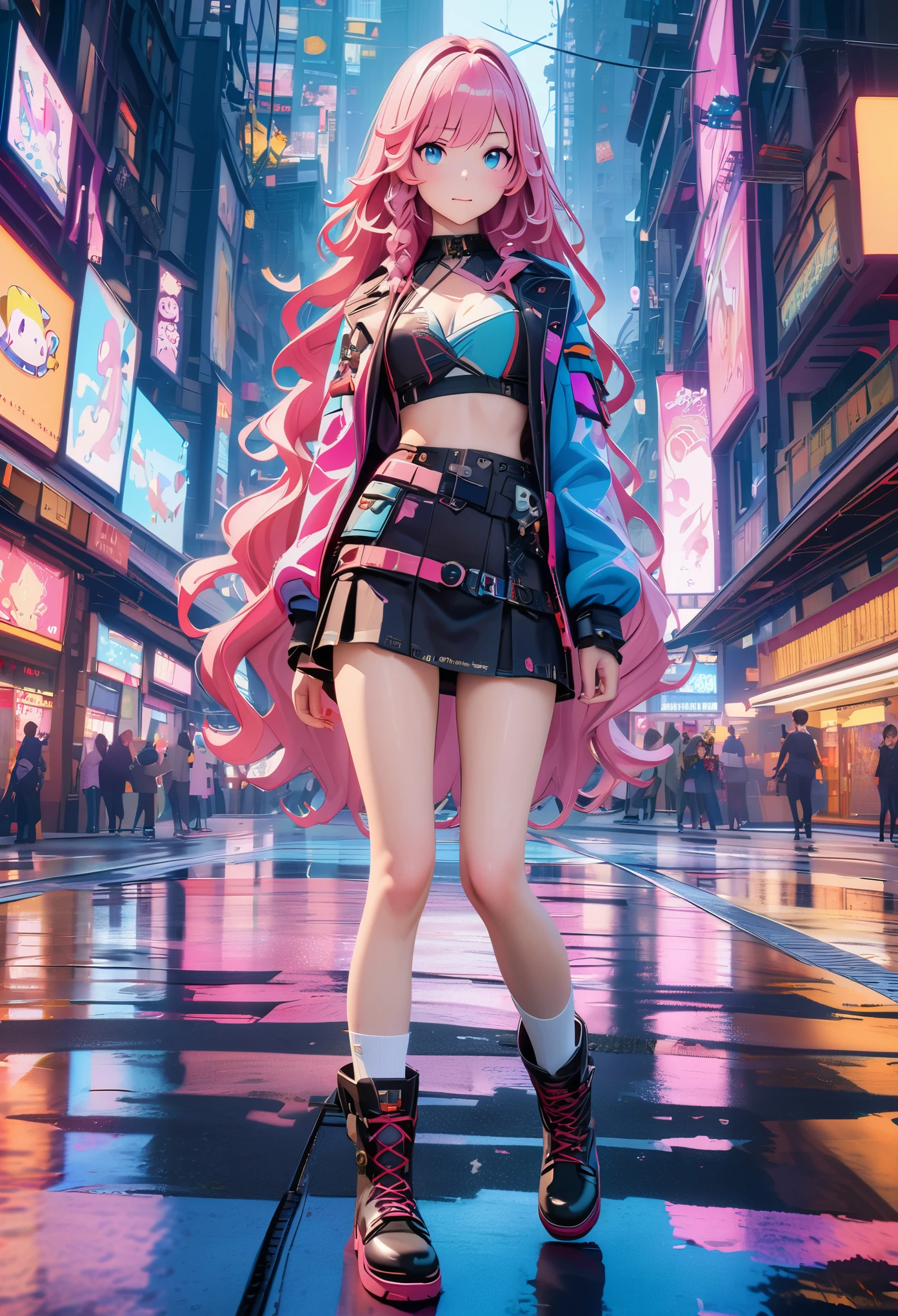 High resolution, best quality, masterpiece, very high image quality, Super detailed, surreal, 3d, Japanese cartoons, illustration, fantasy, hard rock girl, very beautiful and cute, pink wavy hair, side braid, mini skirt, knee socks, engineer boots, background cyberpunk city galaxy  