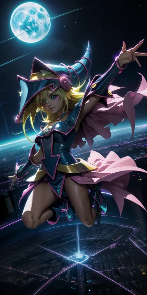 Mujer preciosa dark magician girl ( neon cyberpunk ), The neon sings, neon lighting, RTX chica maga oscura iluminando volando en...