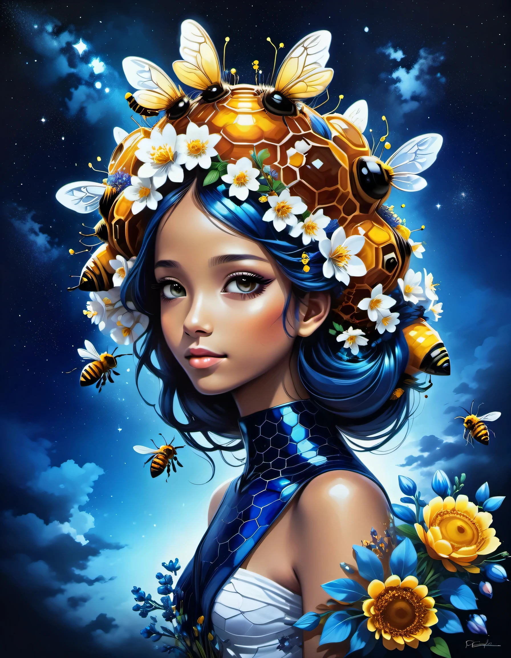 beautiful picture of a girl with vibrant flowers on her head, dark sky-blue and dark navy, dark sky-blue and dark white, realistic, photo effects, luminous shadowing, anime-inspired, elegant outlines, magic bees and beehives made of dvr-honey