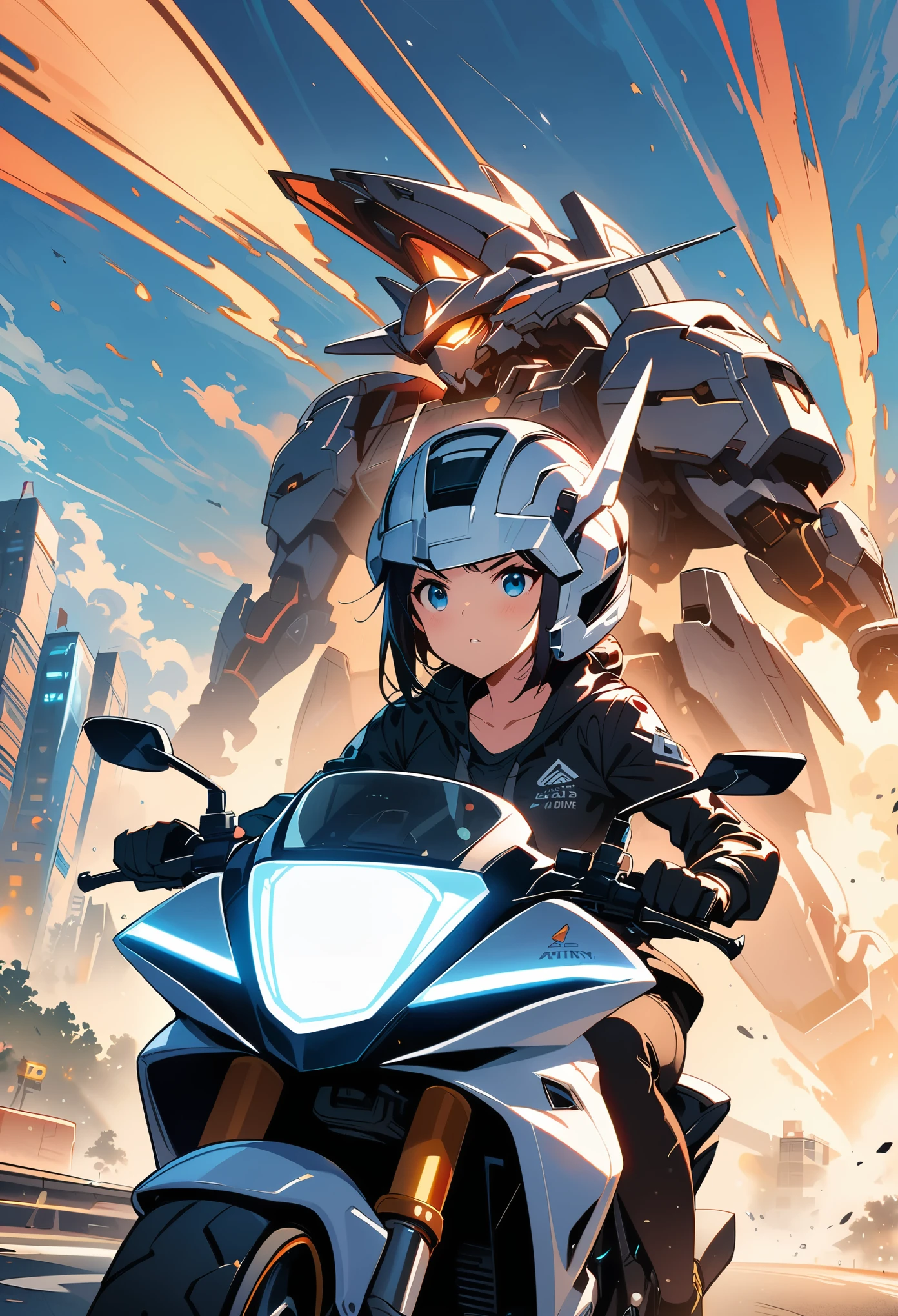 Highest image quality, Excellent details, ultra high resolution, (Fidelity: 1.4), Best Illustration, Offer details, Highly concentrated 1girl, Have a delicate and beautiful face, Wearing a black and white mech, Wearing a mecha helmet, Hold the direction controller, riding a motorcycle, The background is a high-tech light scene of a futuristic city.