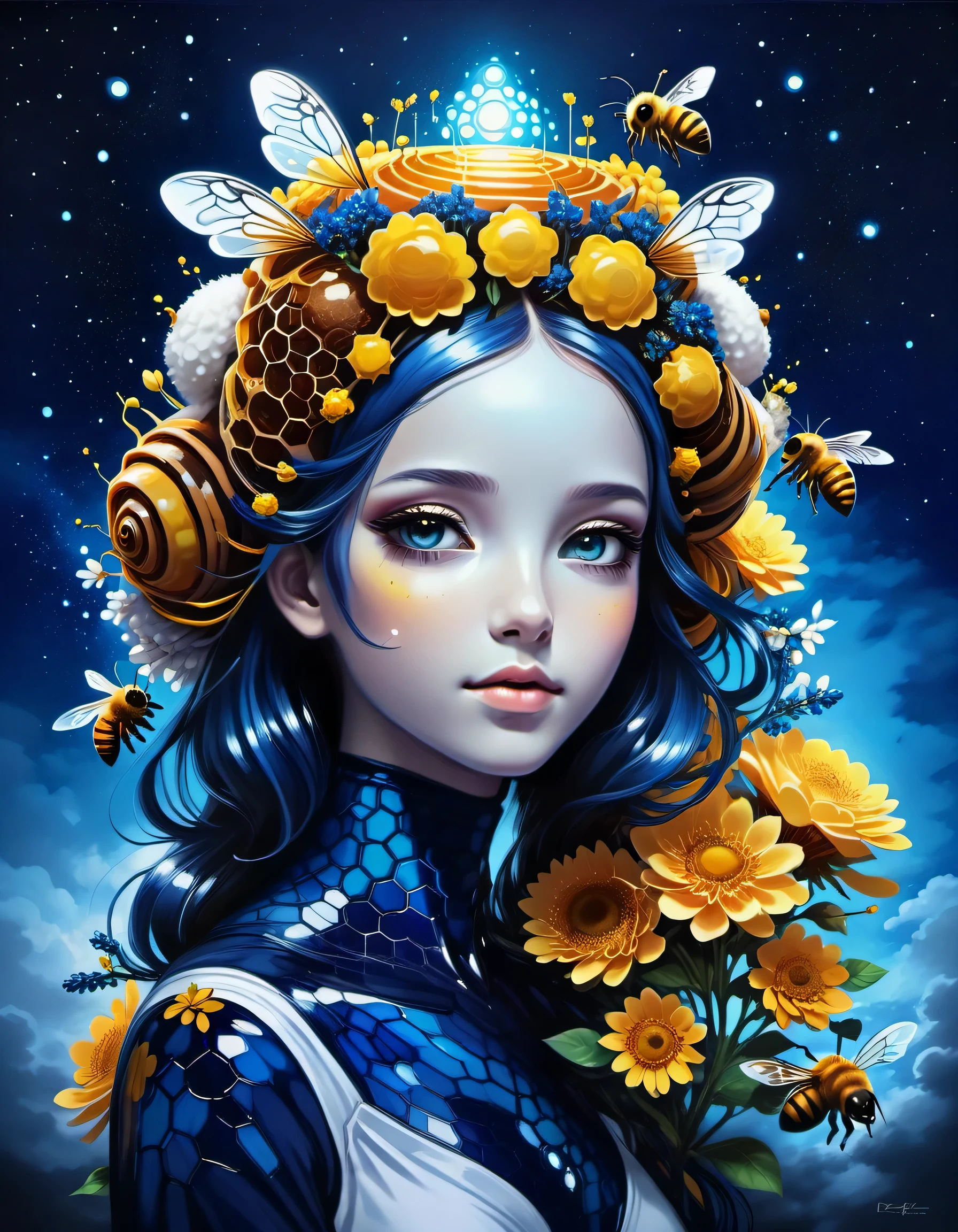 beautiful picture of a girl with vibrant flowers on her head, dark sky-blue and dark navy, dark sky-blue and dark white, realistic, photo effects, luminous shadowing, anime-inspired, elegant outlines, magic bees and beehives made of dvr-honey