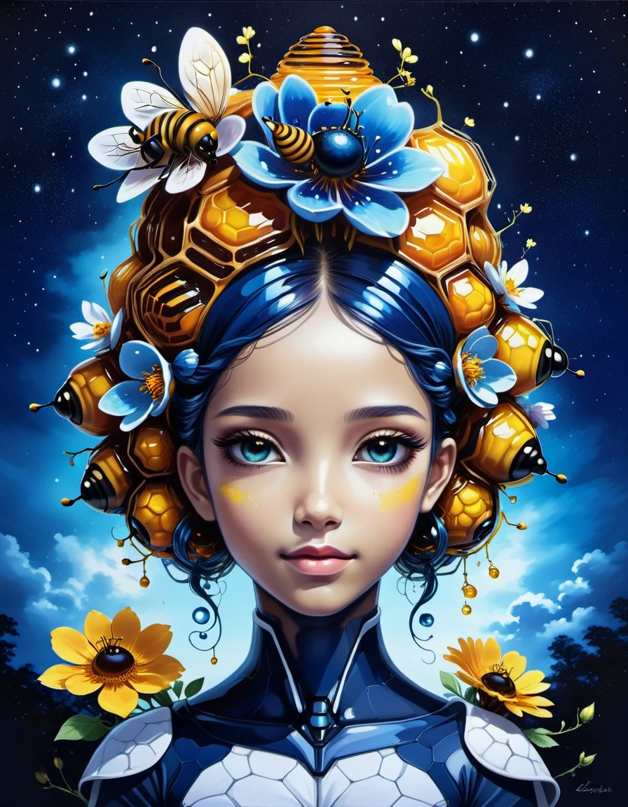 beautiful picture of a girl with vibrant flowers on her head, dark sky-blue and dark navy, dark sky-blue and dark white, realistic, photo effects, luminous shadowing, anime-inspired, elegant outlines, magic bees and beehives made of dvr-honey