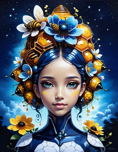 beautiful picture of a girl with vibrant flowers on her head, dark sky-blue and dark navy, dark sky-blue and dark white, realist...