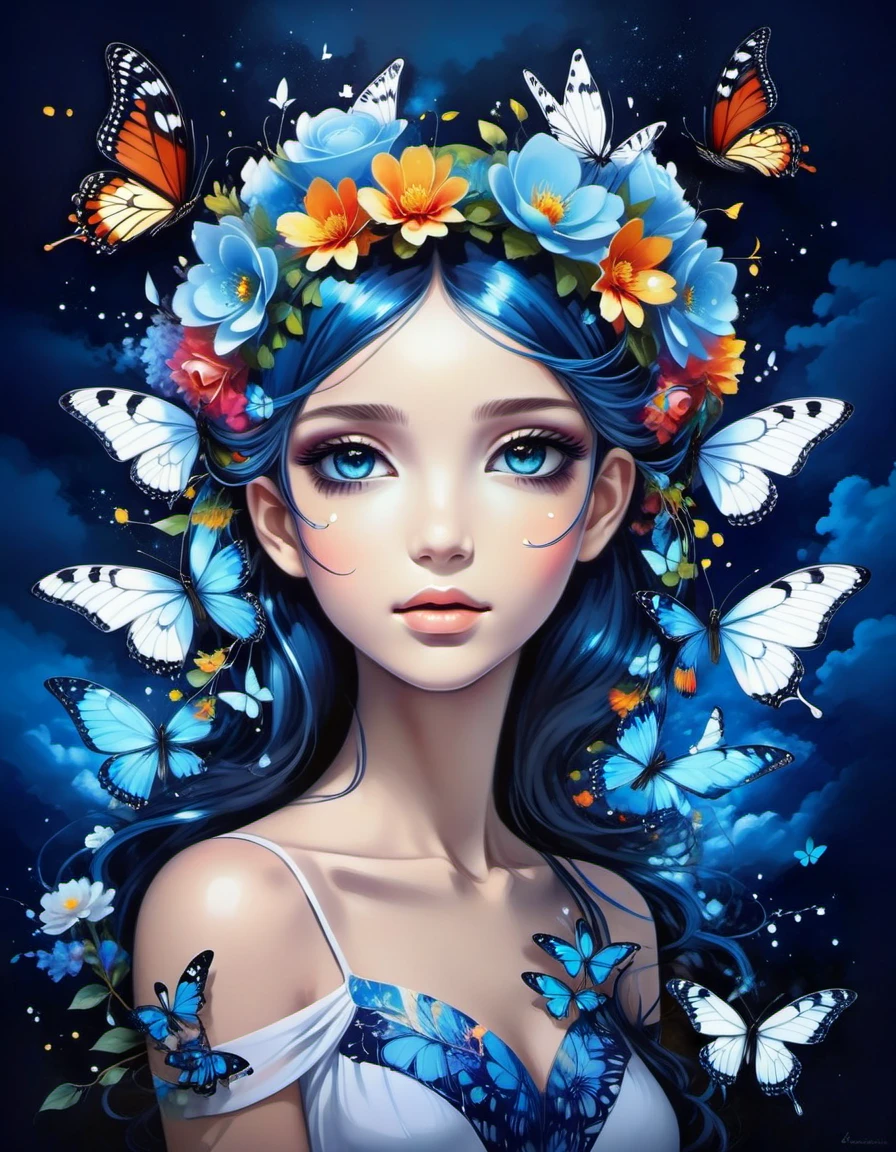 beautiful picture of a girl with vibrant flowers on her head, dark sky-blue and dark navy, dark sky-blue and dark white, realistic, photo effects, luminous shadowing, anime-inspired, elegant outlines, magic butterflies