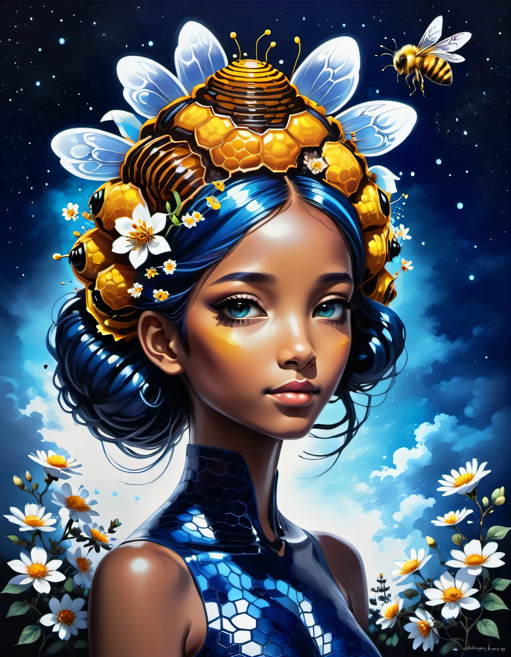 beautiful picture of a girl with vibrant flowers on her head, dark sky-blue and dark navy, dark sky-blue and dark white, realistic, photo effects, luminous shadowing, anime-inspired, elegant outlines, magic bees and beehives made of dvr-honey