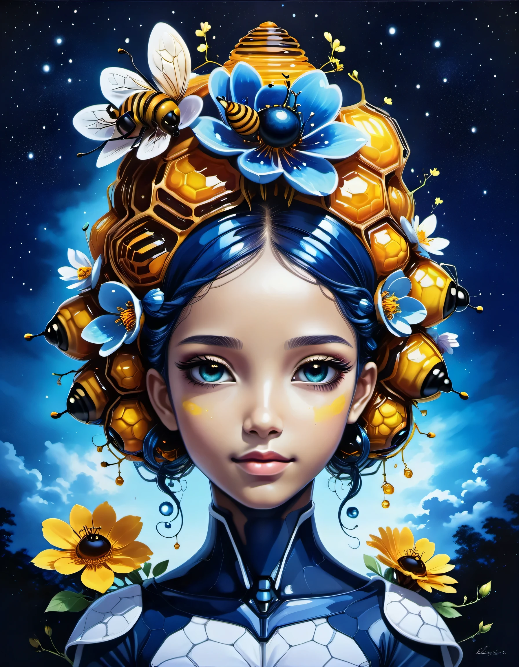beautiful picture of a girl with vibrant flowers on her head, dark sky-blue and dark navy, dark sky-blue and dark white, realistic, photo effects, luminous shadowing, anime-inspired, elegant outlines, magic bees and beehives made of dvr-honey