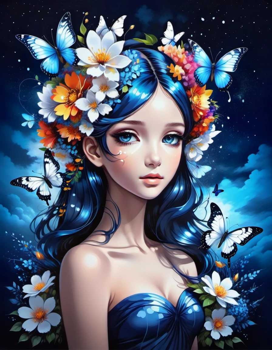 beautiful picture of a girl with vibrant flowers on her head, dark sky-blue and dark navy, dark sky-blue and dark white, realistic, photo effects, luminous shadowing, anime-inspired, elegant outlines, magic butterflies