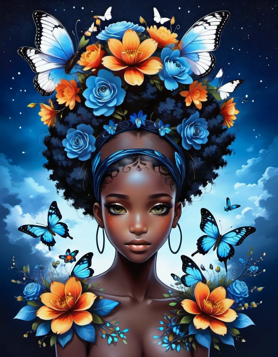 beautiful picture of a black girl with vibrant flowers on her head, dark sky-blue and dark navy, dark sky-blue and dark white, realistic, photo effects, luminous shadowing, anime-inspired, elegant outlines, magic butterflies