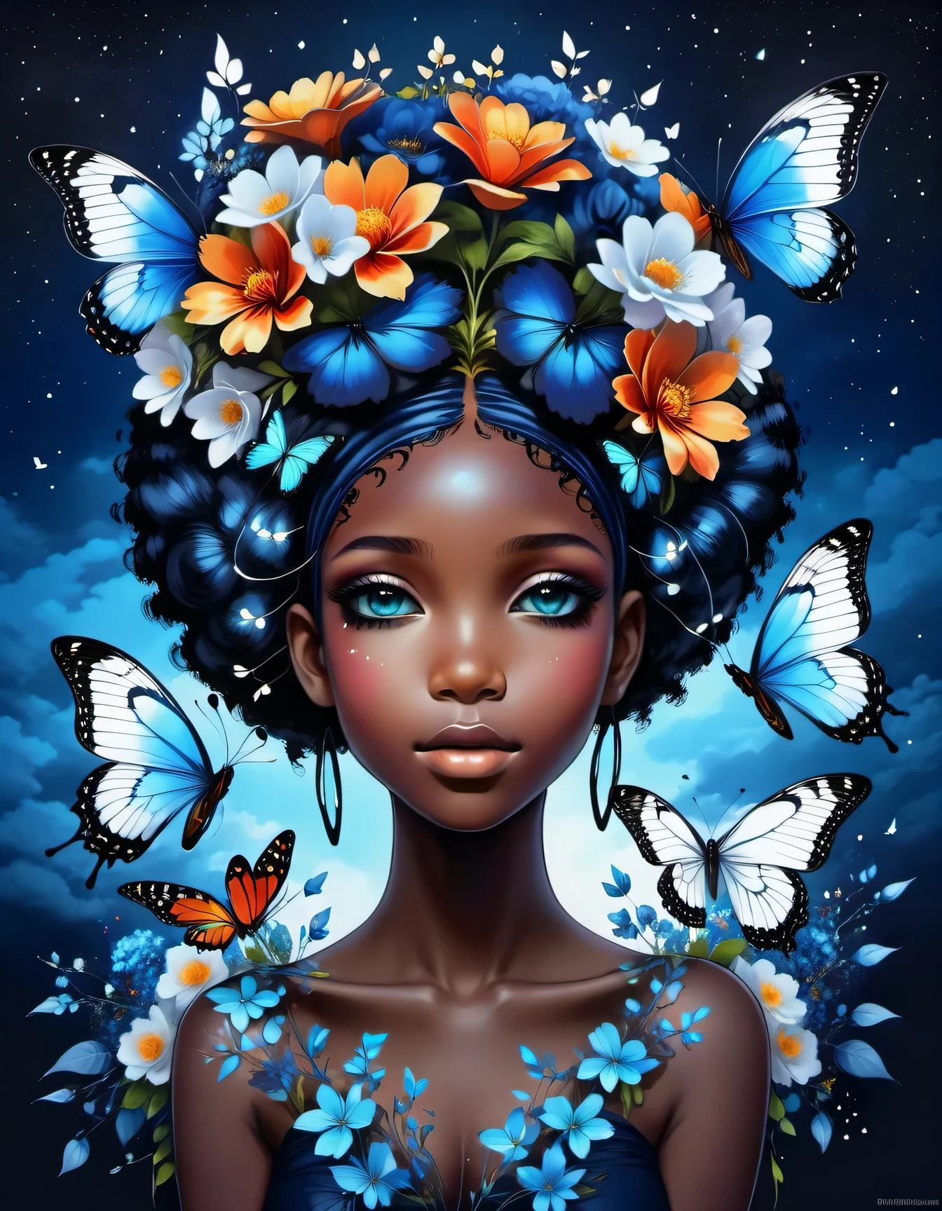 Hermosa imagen de una niña negra con flores vibrantes en la cabeza., azul cielo oscuro y azul marino oscuro, azul cielo oscuro y blanco oscuro, Realista, efectos fotográficos, Sombreado luminoso, inspirado en el anime, contornos elegantes, mariposas magicas