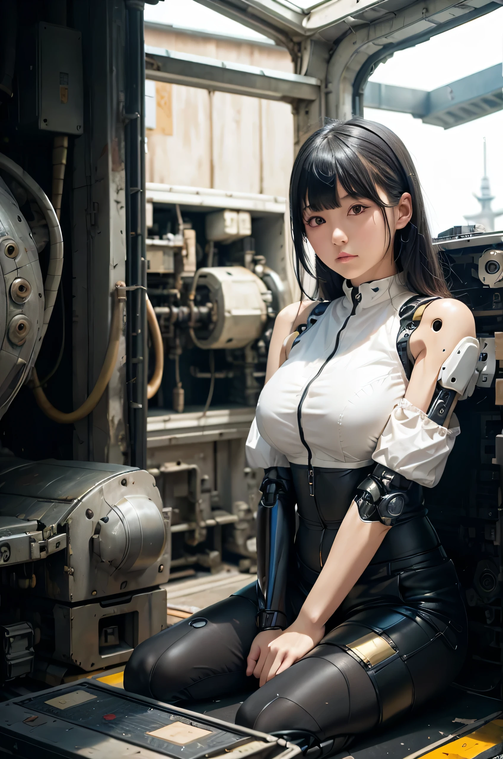 Meisterwerk, beste Qualität, Extrem detailliert, 8K-Porträt,Japanisches Android-Mädchen,rundlich ,Bedienfelder,android,Droid,Mechanische Hand, ,perfekte Roboterfrau,Roboterarme und -beine, schwarzes Haar,mechanischer Körper,weißer Roboterkörper,Stumpfer Pony,Ladestation,Sie lädt jetzt, mechanische Ohrstöpsel,android,Roboter humanoid,schwarze kurze Hose,dunkelschwarze Strumpfhose,Sie hat zerlegt,Schrottplatz