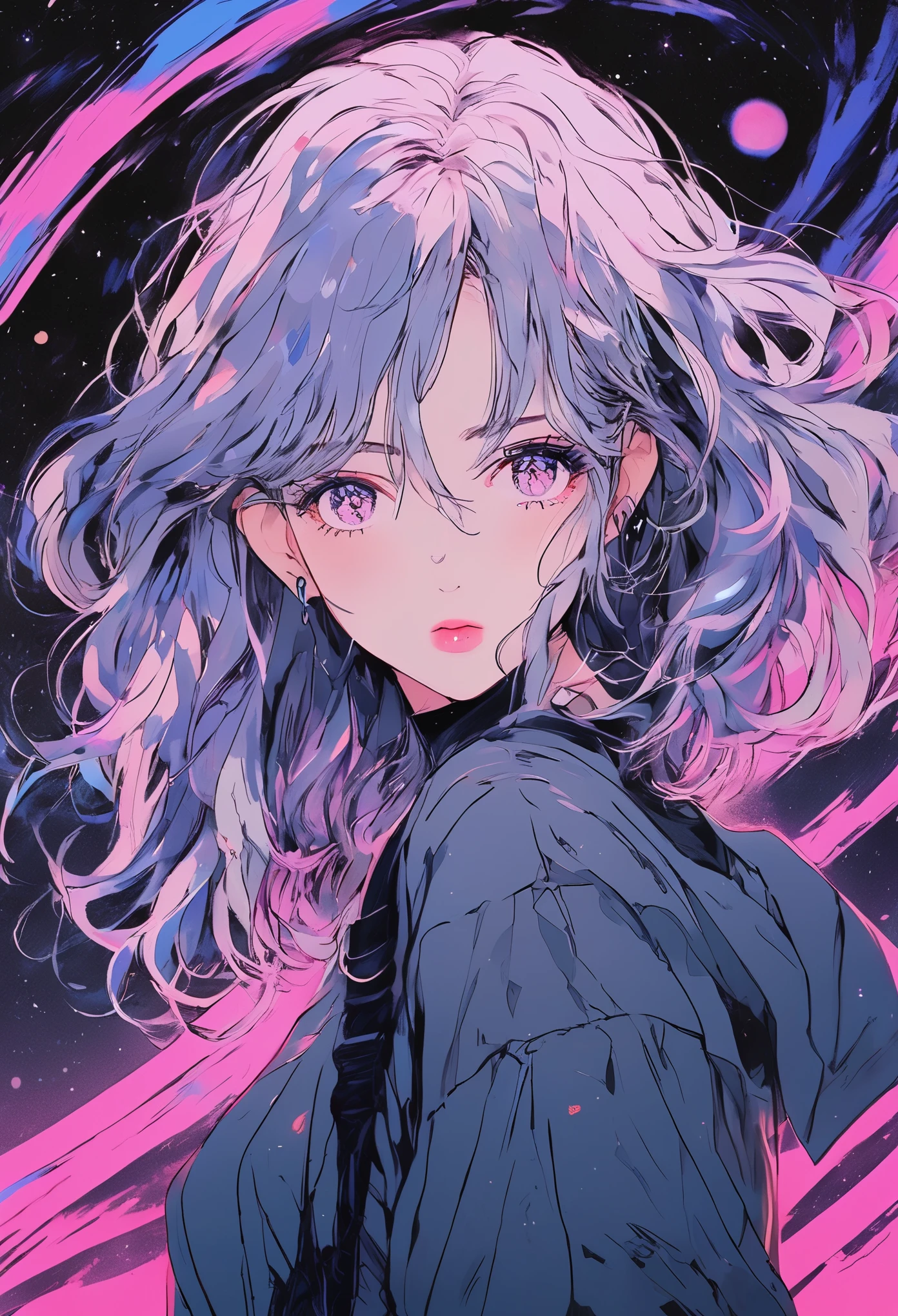 (best quality, sketch:1.2), epic realistic,(ultra details ayes),illustrator,anime,1 girl, detailed lips,custom, gradient background,neon hair,textured cropping, masterpiece, anime, a woman standing looking at a black hole, fantasy world, trending on art station, space art, dreamy psychedelic anime, beautiful anime scene, anime epic artwork. anime, photo picture poses, average height