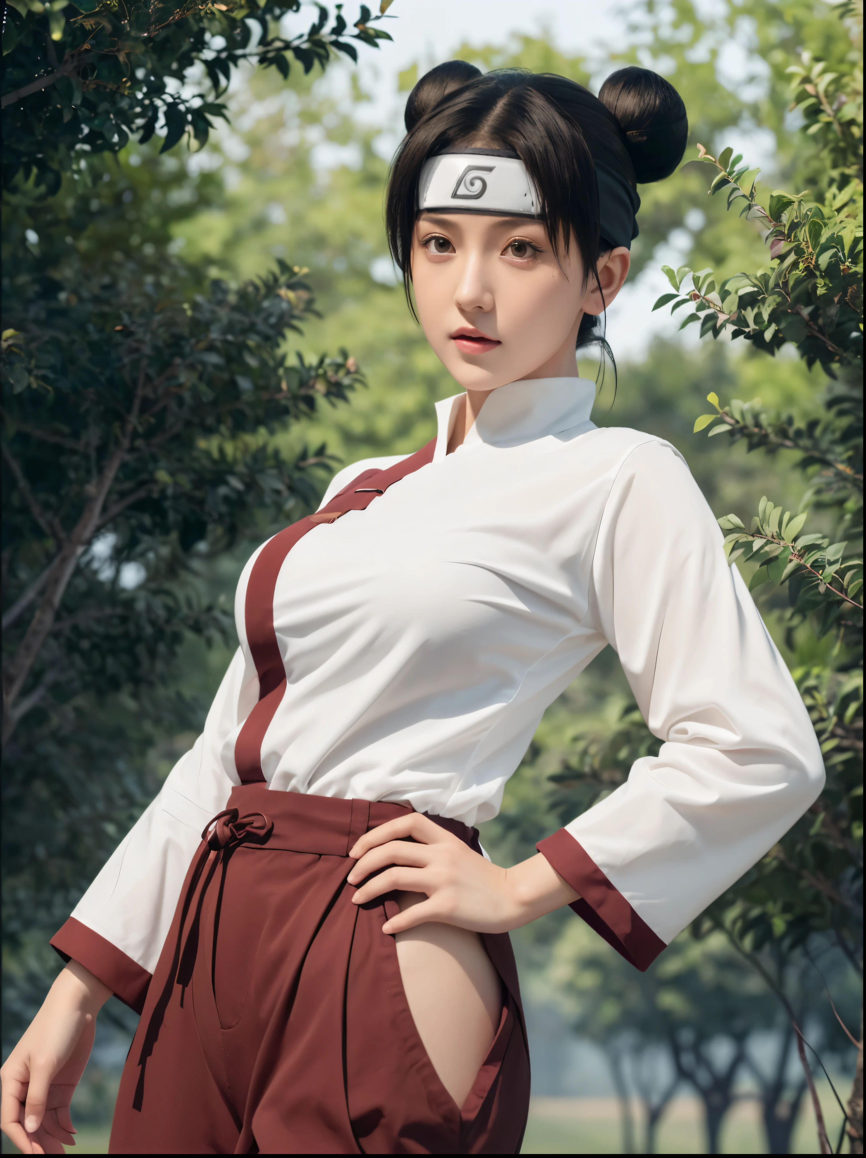 Tenten from anime naruto \(series\), naruto shippuuden, anime art style, masterpiece, An animated character with a ninja headband bearing a konohagakure symbol. She has dark hair styled in two buns on top and a short ponytail in the back. Her eyes are brown, and she has a fair complexion. She wears a loose white blouse with rolled-up sleeves and brown wristbands, paired with a high-waisted dark red pants. The character is standing beside a body of trees and foliage in the background, glancing over her shoulder with a serene expression, breasts, cosplay, real person, real life,, (ultra detailed), (8k, intricate), (85mm), light particles, lighting, full body, (highly detailed:1.2), breast focus, (gradients), sfw, colorful, (detailed background), (rule of third_composition:1.3), (Line of action:1.2), daylight, solo